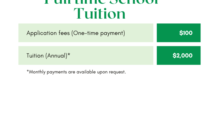 Full-time school tuition breakdown showing $100 application fee and $2,000 annual tuition rate.
