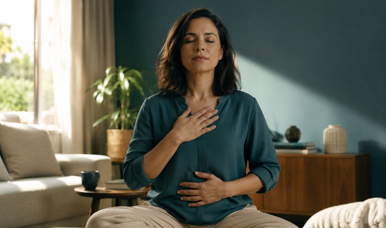 Mulher em pausa consciente de acolhimento e autorregulação
