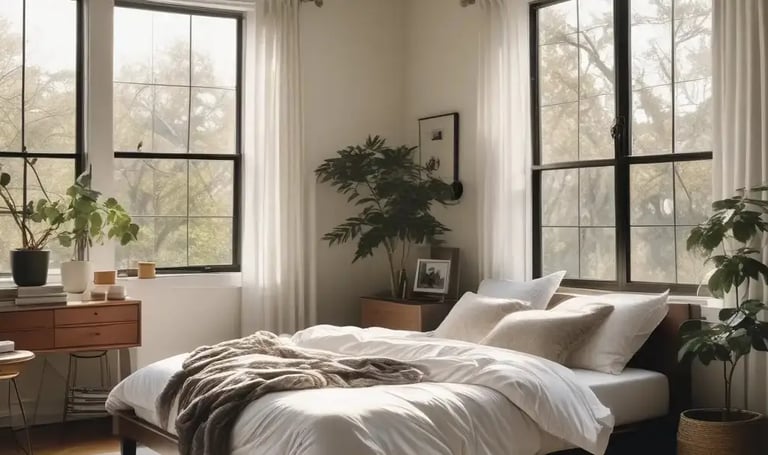 Cozy neutral color bedroom with plants