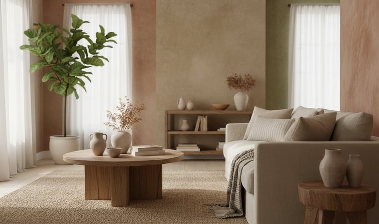 a living room with a couch and a table