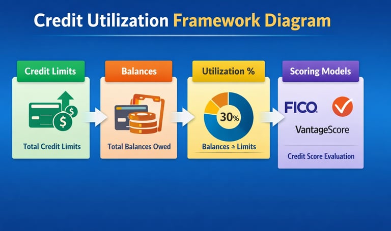 credit utilization framework diagram showing balances limits and scoring models