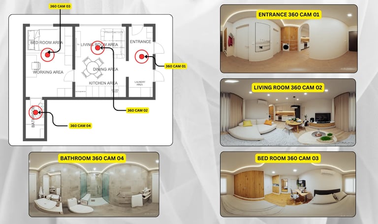 Apartment floor plan with labeled interior previews, including living room, kitchen, bedroom, and bathroom renderings