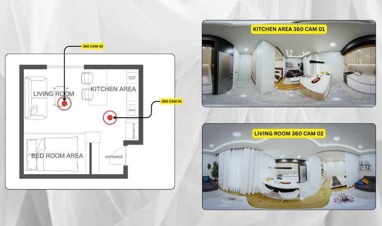 Apartment interior layout with labeled floor plan and preview renders of kitchen, living room, and bedroom — 3D visualization