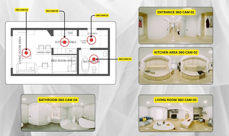 Apartment interior layout with a labeled floor plan and preview renders of the kitchen, living room and bathroom, used as a r