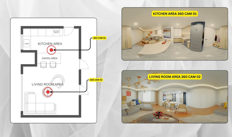 Apartment layout showing floor plan with preview renders of living room, kitchen and dining area used as a reference for inte