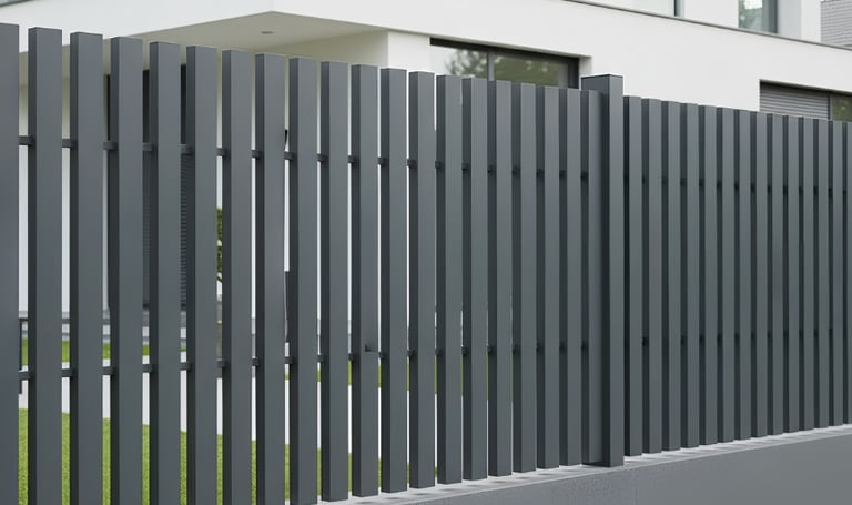 Valla metálica vertical modelo Cadencia con perfiles de acero que dejan pasar luz y aire.