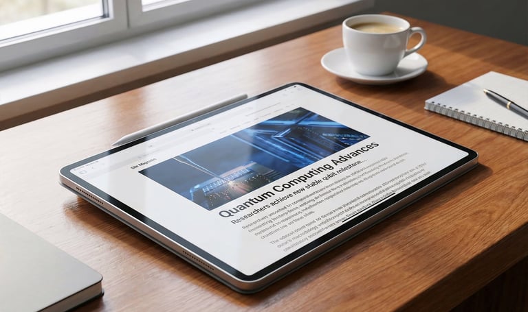 A tablet showing text and an image about Quantum Computing Advances