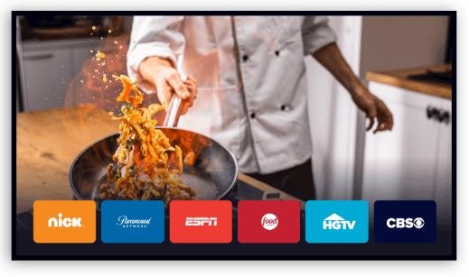 smart TV displaying streaming channel logos like Food Network and ESPN.