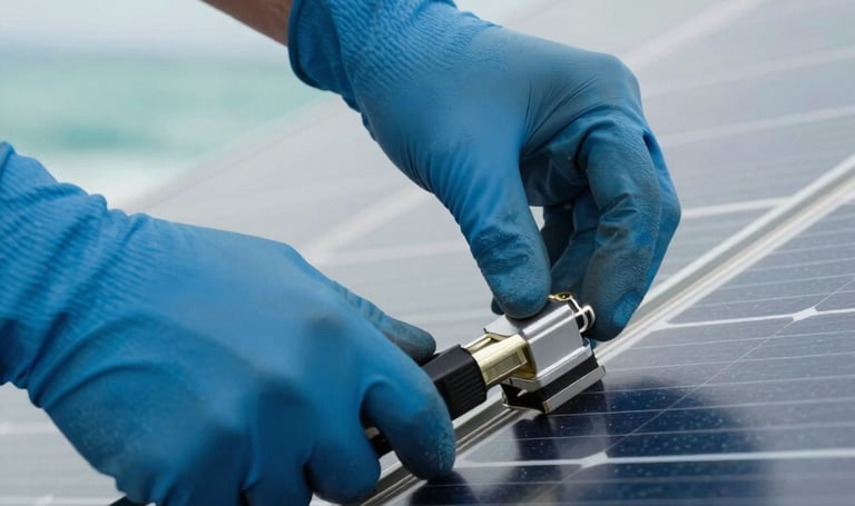 A close-up photograph of a professional technician's hands wearing blue safety gloves while meticulously installing a solar panel connector. The scene is bright and airy under soft cloud white daylight, with the muted ocean teal reflections of the solar cells visible in the background.