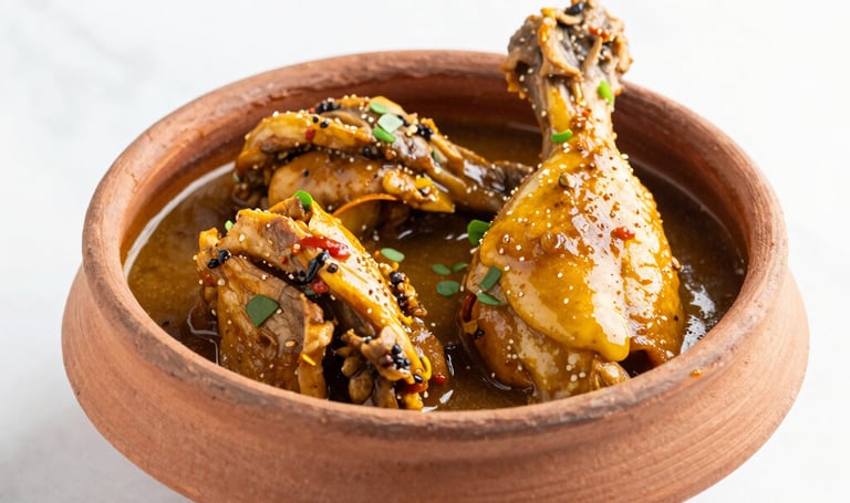 A bright, high-key close-up of a garnished Pakistani chicken handi in a traditional clay pot on a clean white marble surface, soft natural daylight.