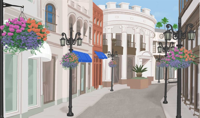 a street scene with a street light and flowers