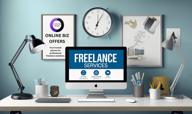 Modern freelance workspace with a computer on a desk.