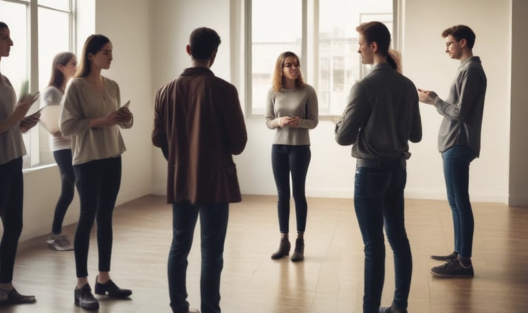 a group of people sitting in a circle with a man in a suit and tie
