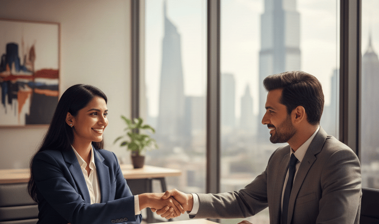 Professional job interview with a handshake in a modern office