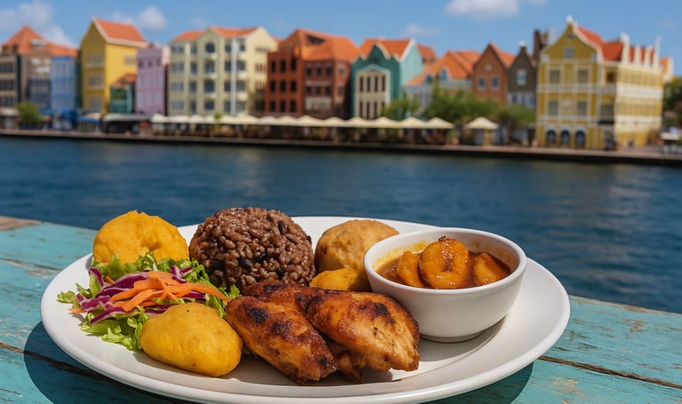 Traditional Caribbean meal with grilled chicken, plantains, rice and beans, and salad served on a plate beside turquoise wate