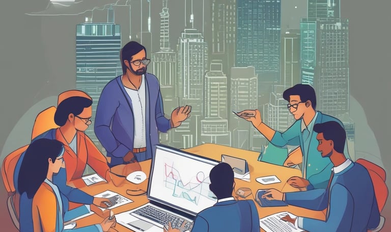 A modern office space with IT professionals collaborating over laptops and digital screens.