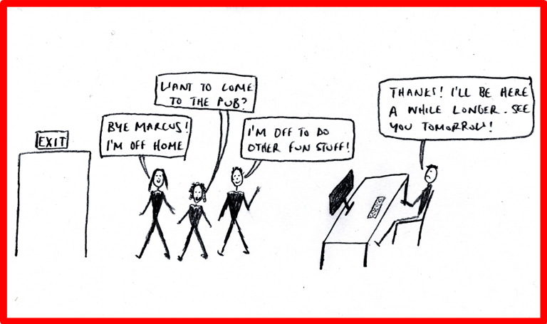 Cartoon showing Marcus still working while others leave office