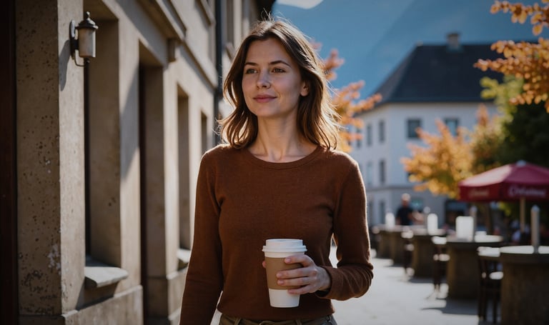 Flux - a woman holding a cup of coffee in a city