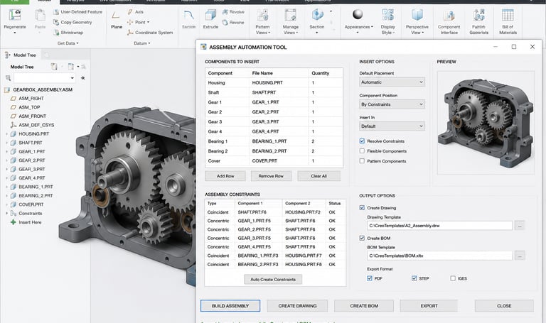 Assembly automation tool developed by Descode Solutions for Creo Automation Training
