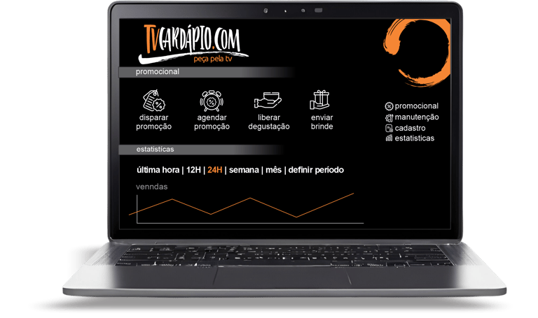 Tela do sistema TV Cardápio mostrando painel de gestão e relatórios de desempenho