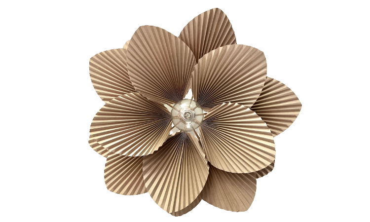 a symmetrical flower-shaped paper lampshade made out of cardboards and paper flowers