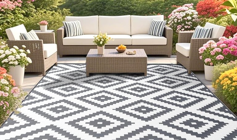 Modern geometric black and white outdoor rug on a patio with wicker furniture and blooming flowers.