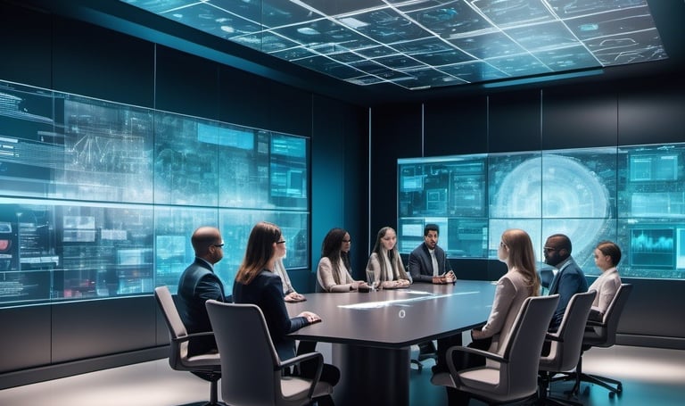 Futuristic conference room with professionals discussing AI analytics