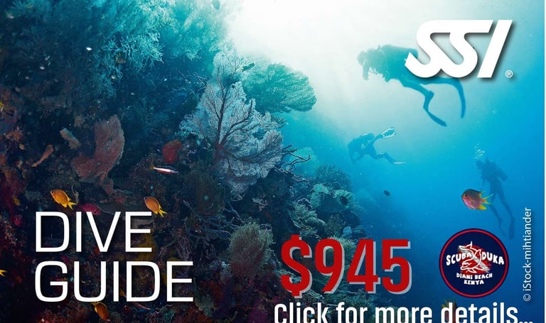 Scuba divers explore a vibrant coral reef in Diani Beach Kenya for an SSI Dive Guide certification course.