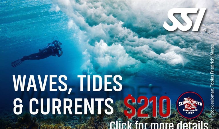 Scuba diver underwater near crashing waves for SSI Waves Tides and Currents course in Diani Beach Kenya.