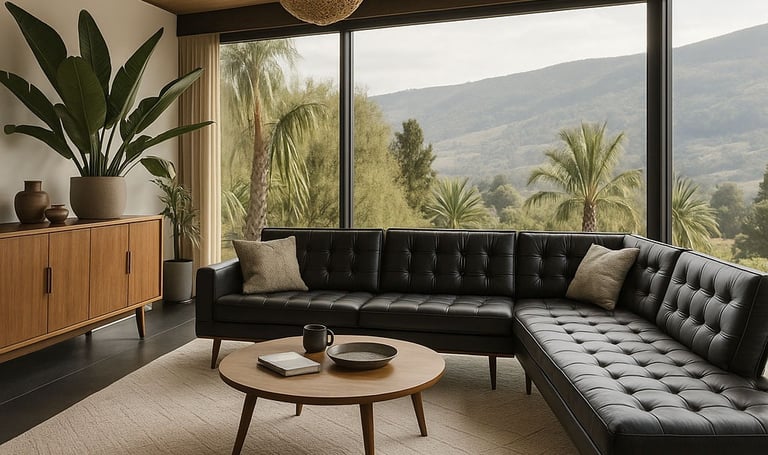 Black Mid-Century sectional in a sunlit room with wood ceilings and neutral decor