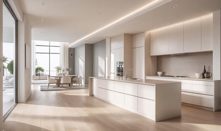 a kitchen with a large window and a table