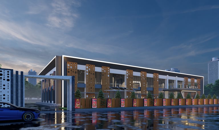 Contemporary building exterior with sleek architecture and a landscaped entrance