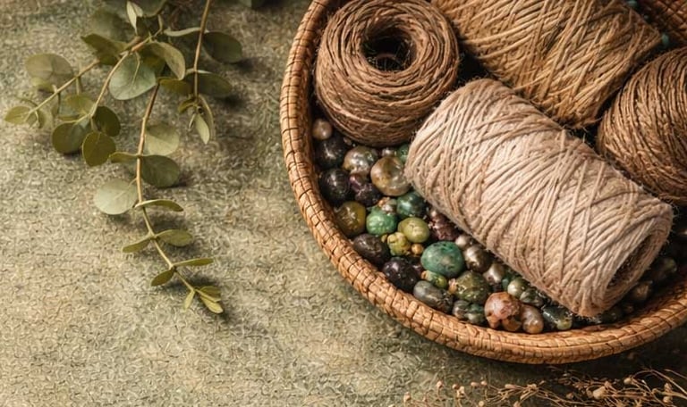 fondo en colores tierra, con flores cecas, plantas, un tazón con cuenta e hilos