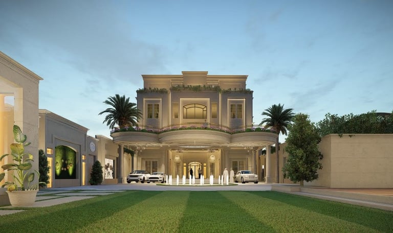 Contemporary building exterior with sleek architecture and a landscaped entrance