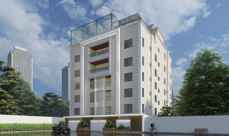 Contemporary building exterior with sleek architecture and a landscaped entrance