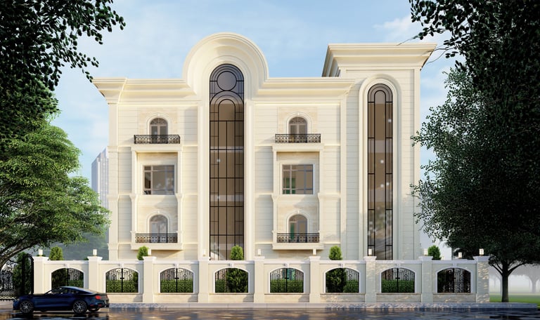 Contemporary building exterior with sleek architecture and a landscaped entrance