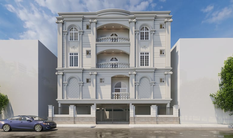 Classic elevation design of a residential building in Hyderabad, featuring traditional architectural