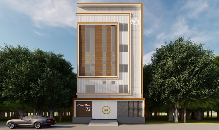 Contemporary building exterior with sleek architecture and a landscaped entrance