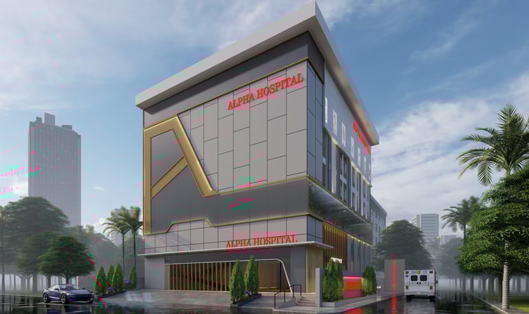 Contemporary building exterior with sleek architecture and a landscape. Alpha Hospital attapur