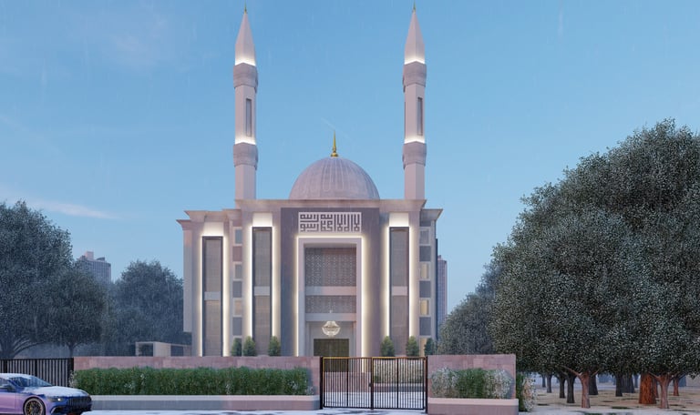 Contemporary mosque exterior with sleek architecture and a landscaped entrance