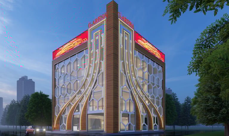 Contemporary building exterior with sleek architecture and a landscaped entrance