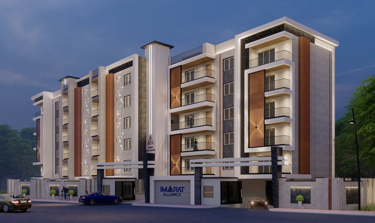 Contemporary building exterior with sleek architecture and a landscaped entrance