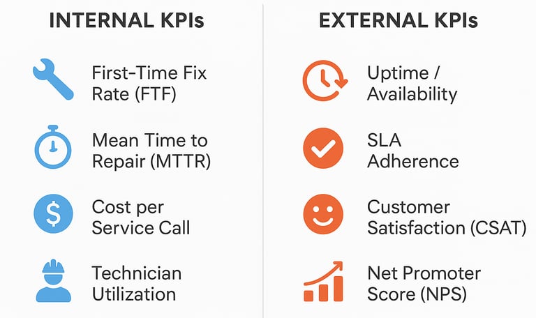 Internal (First-time-fix, Mean-time-to-repair, cost to service, utlization) vs external KPIs in afte