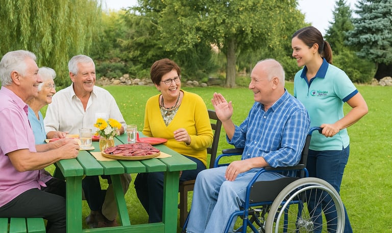 caregiver helping senior meet his friends