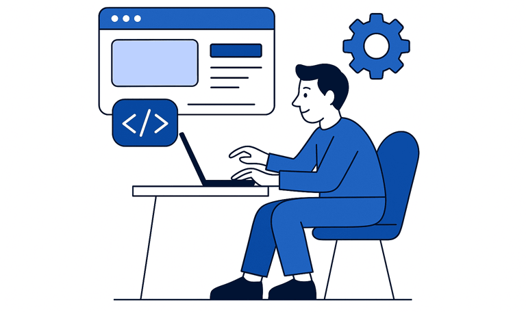 Personnage avec une ordinateur qui programme un site web 