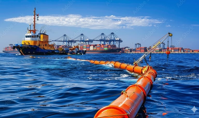  the ocean with a tugboat in the background