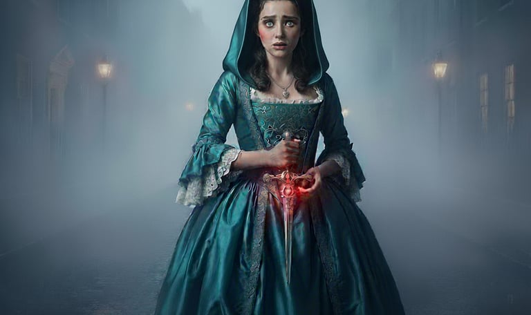 Lucinda, protagonist from The Bottle Conjuror Book Two, standing in a foggy 18th-century street