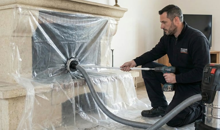Technicien Ramonage Direct réalisant un ramonage rotatif propre avec protection étanche du foyer 