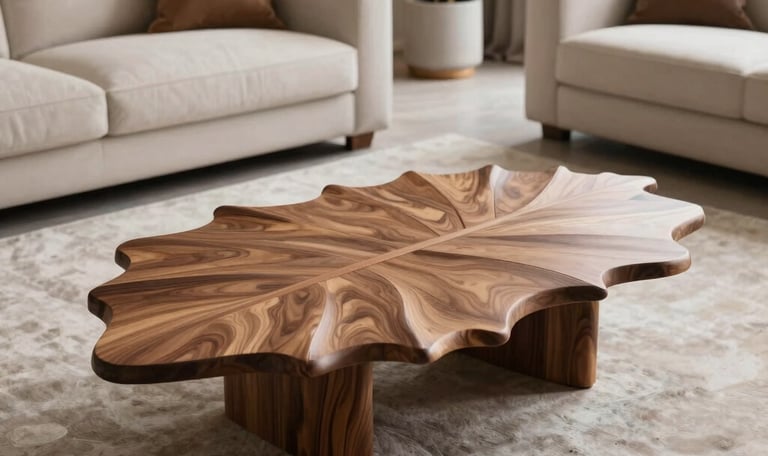 Handcrafted leaf-shaped wood coffee table in a modern living room with cream sofas and a neutral rug.
