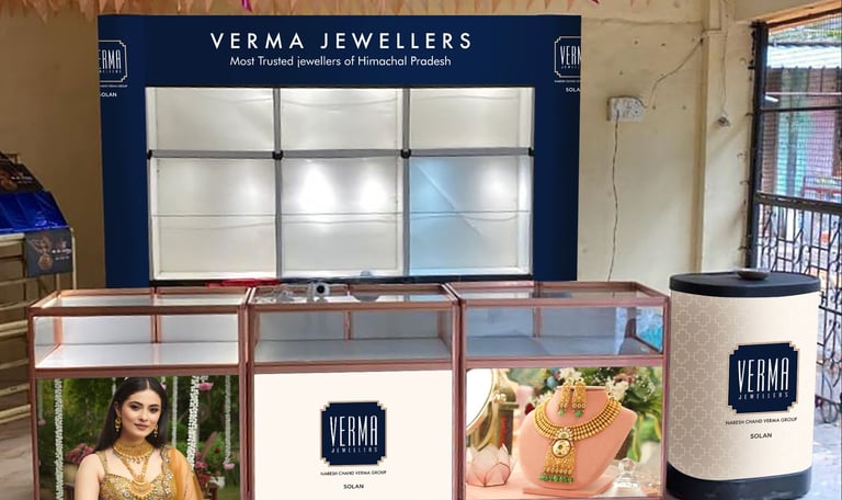 Jewelry showcase Backdrop and counters for 3 meter space